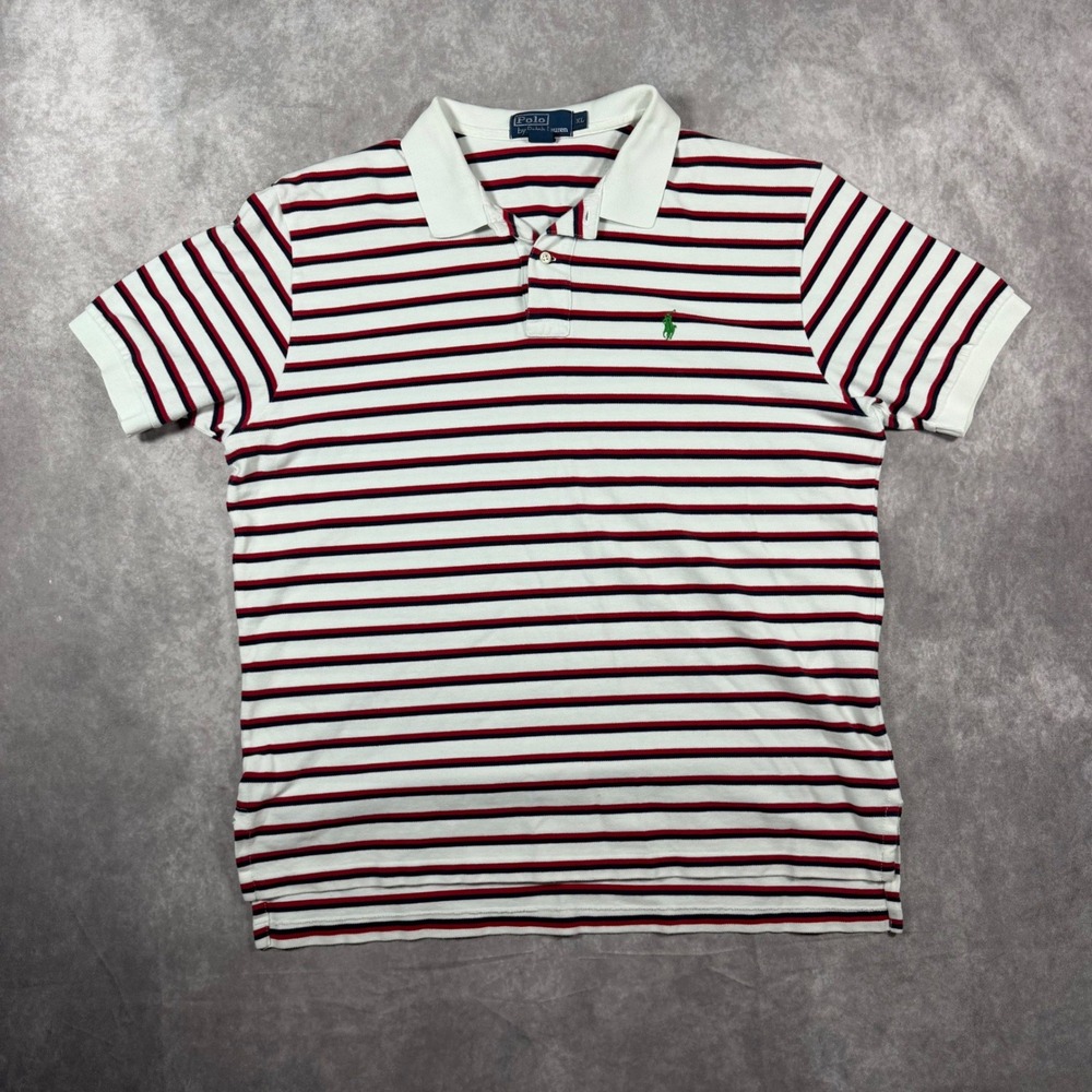 Vintage Polo Ralph Lauren Mens XL Striped Short Sleeve Rugby Polo White Red Blue
